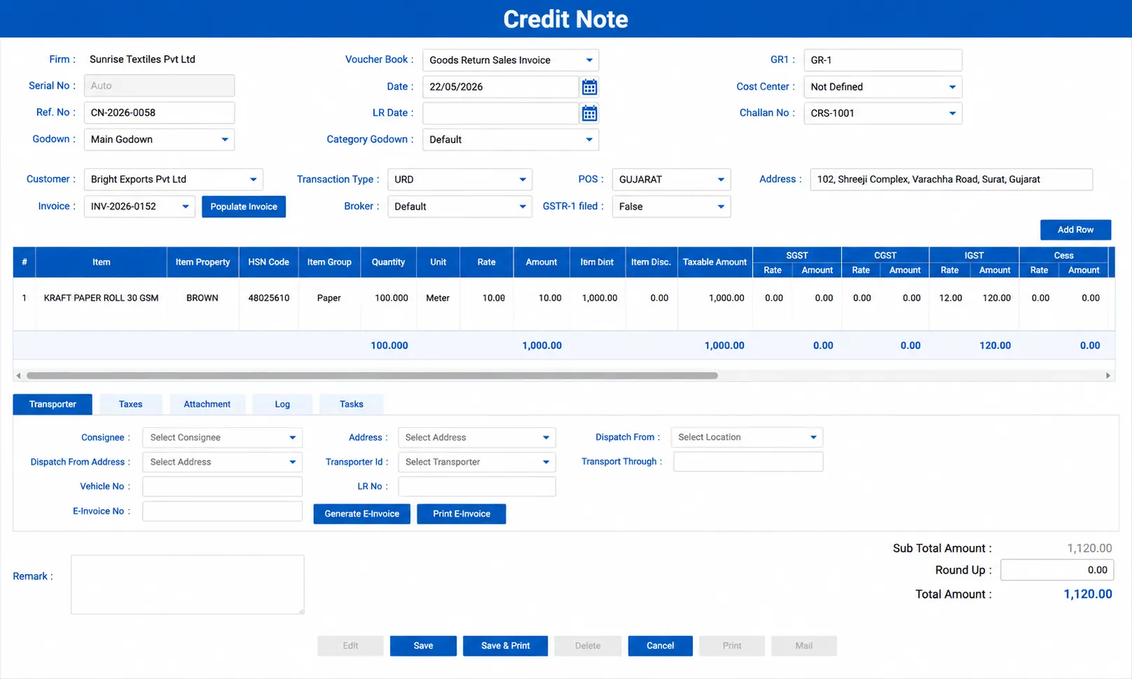 Credit Note — original invoice reference, return qty, transporter