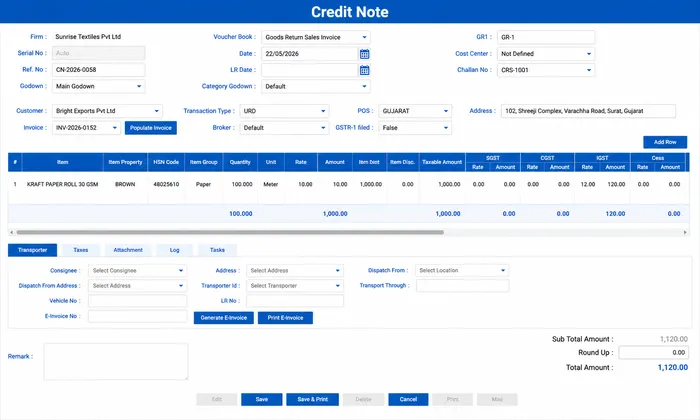 Credit Note — original invoice reference, return qty, transporter