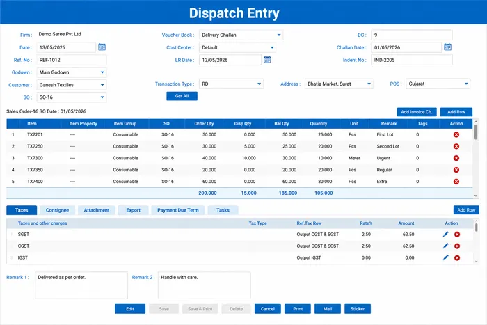 Dispatch Entry — order reference, catalog, quantity, transporter
