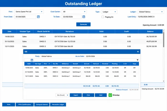 Outstanding Ledger — party-wise invoices, due dates, aging