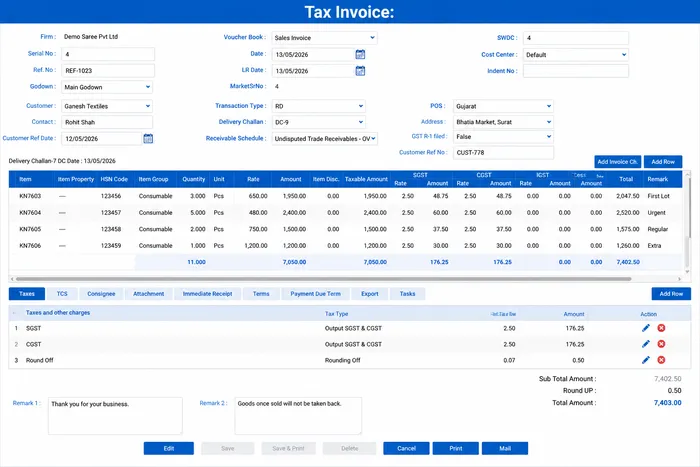 Tax Invoice — GST breakup, HSN, party details