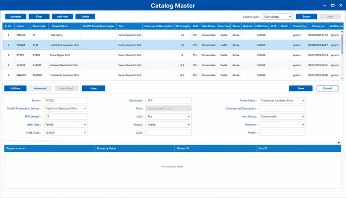 Catalog Master — design codes, fabric type, rate card