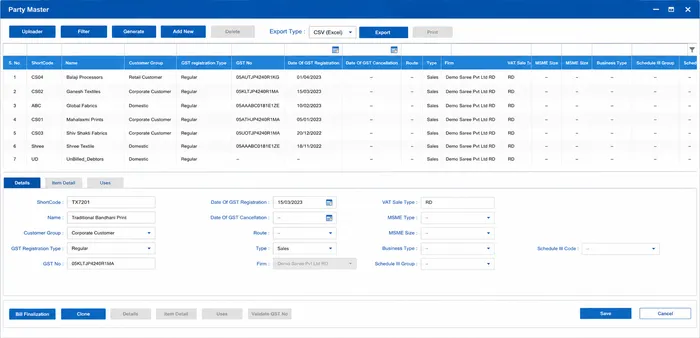 Party Master — customer records, outstanding, credit terms