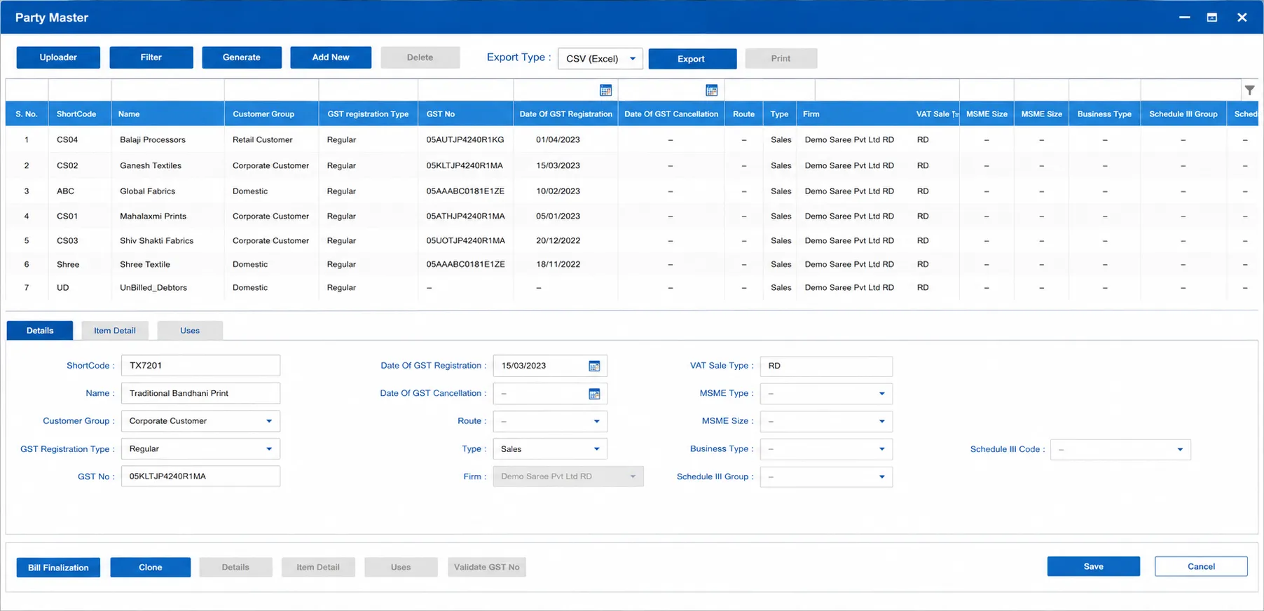 Party Master — customer records, outstanding, credit terms