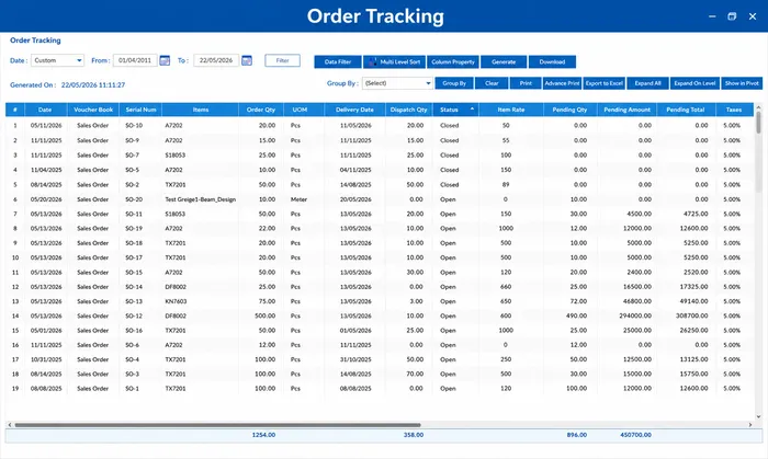 Order Tracking — status, quantity dispatched, pending