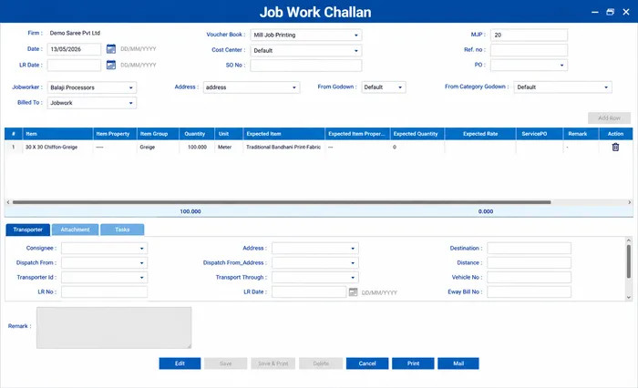 Job Work Challan — material details, mill, process, quantity