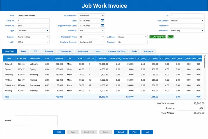 Job Work Invoice — challan reference, processing charge, GST