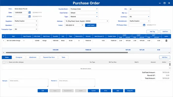 Purchase Order — vendor, greige type, quantity, rate